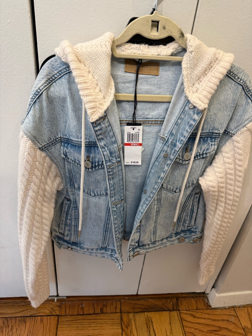 Blank NYC Light Wash Denim Jacket with Cream Knit Hood & Sleeves
